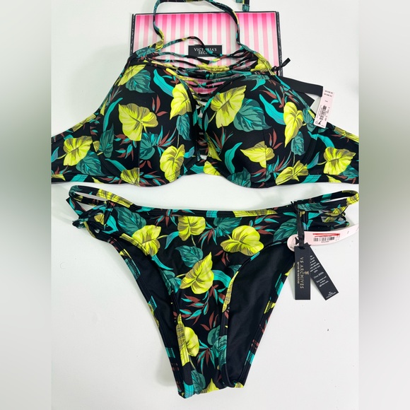 Victoria's Secret Leaf Print Bikini - Black &Green set sz 36D pushup/M NWT